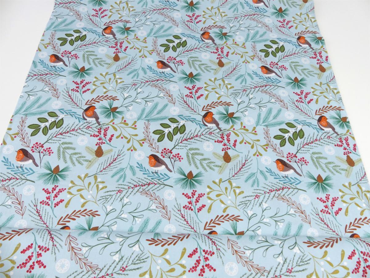 Patchworkstoff New Forest floral Rotkehlchen blau Gesamtansicht